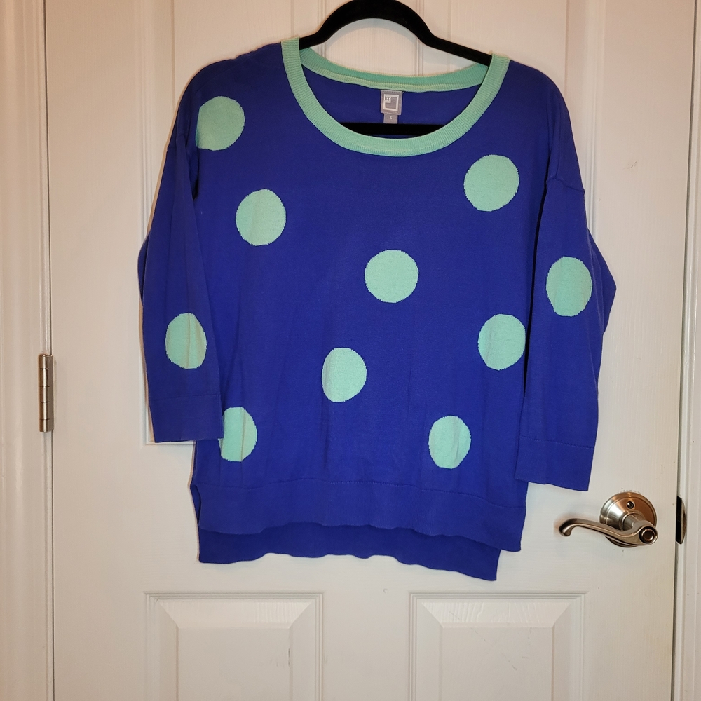 JC Penny Royal Blue and Aqua Polka Dot 3/4 Sleeve Crewneck Sweater Sz Small